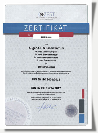 Zertifikat DIN ISO 90014:2015 und 15224:2012 - Dr. Eva Glaser-Meyer und Dr. Doepner - Augenarzt-Praxis Peißenberg