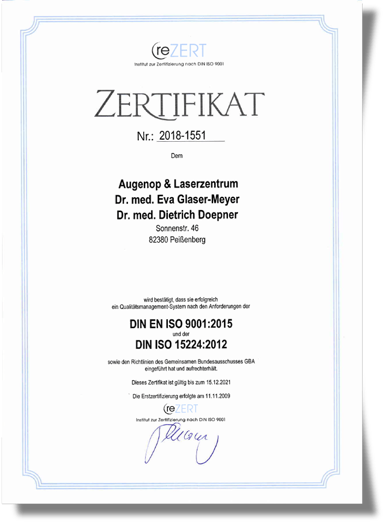 Zertifikat DIN ISO 90014:2015 und 15224:2012 - Dr. Eva Glaser-Meyer und Dr. Doepner - Augenarztpraxis Peißenberg