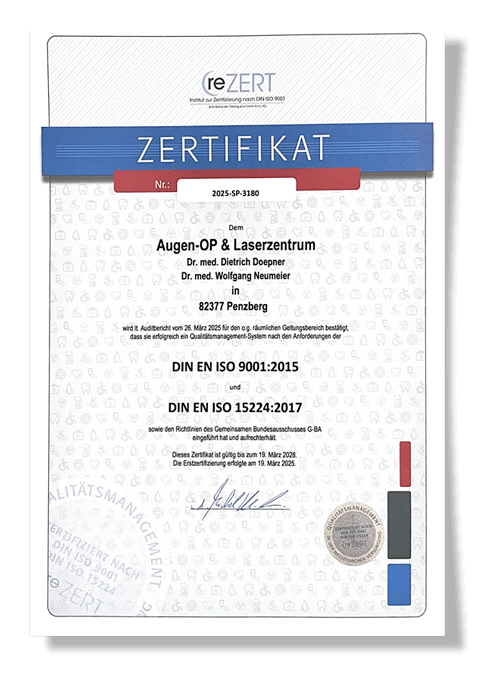 Seit November 2009 ist die Augenarzt-Praxis in Schongau nach DIN ISO 9001:2015 und DIN ISO 15224:2012 zertifiziert.