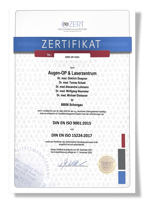 Seit November 2009 ist die Augenarzt-Praxis in Schongau nach DIN ISO 9001:2015 und DIN ISO 15224:2012 zertifiziert.