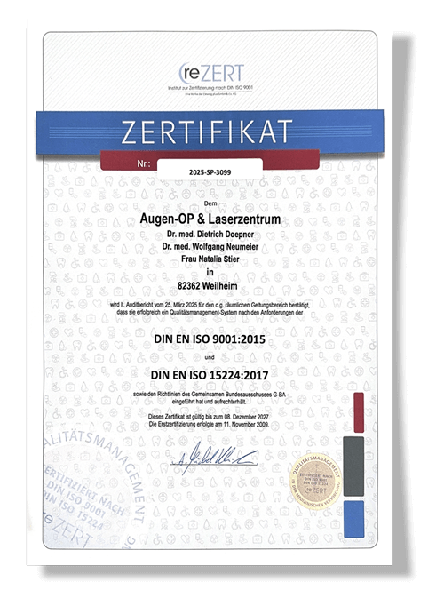 Seit November 2018 ist die Augenarzt-Praxis in Weilheim nach DIN ISO 9001:2015 und DIN ISO 15224:2012 zertifiziert.